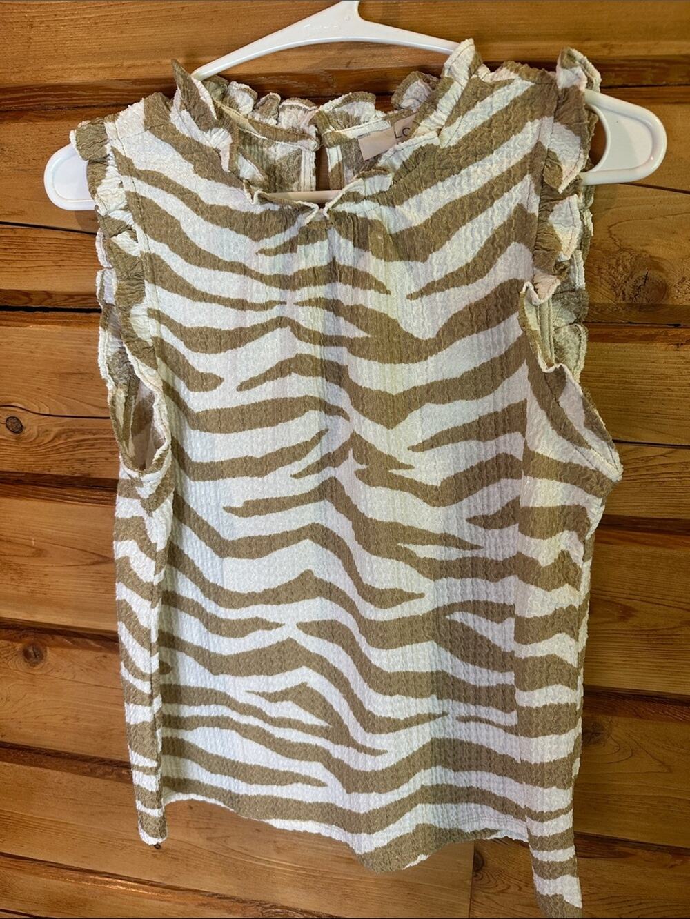 LOFT White and Tan Zebra-Print Ruffle-Trim Sleeveless blouse
